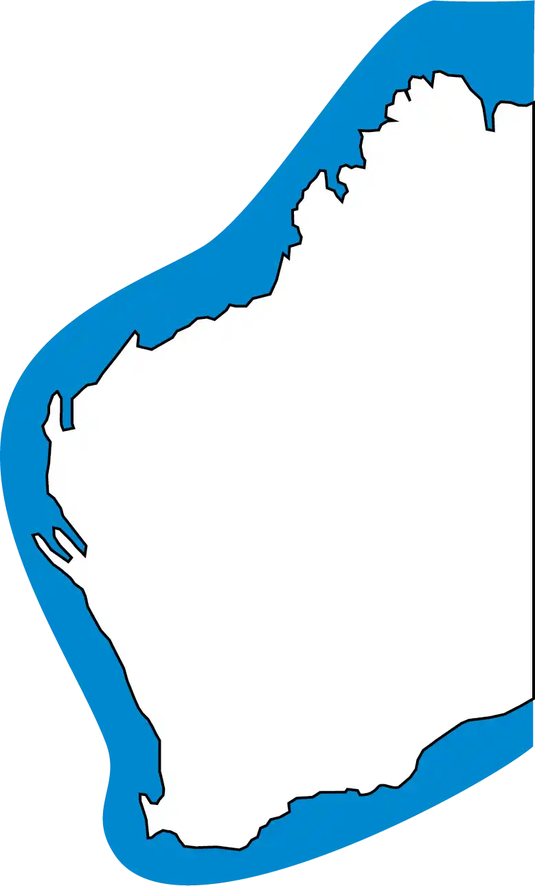 Simplified map outline of Western Australia, highlighted in blue with a white interior.