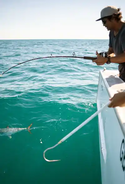 Two men on a boat fishing in turquoise waters; one holds a fishing rod, the other handles a gaff as a fish nears the surface.