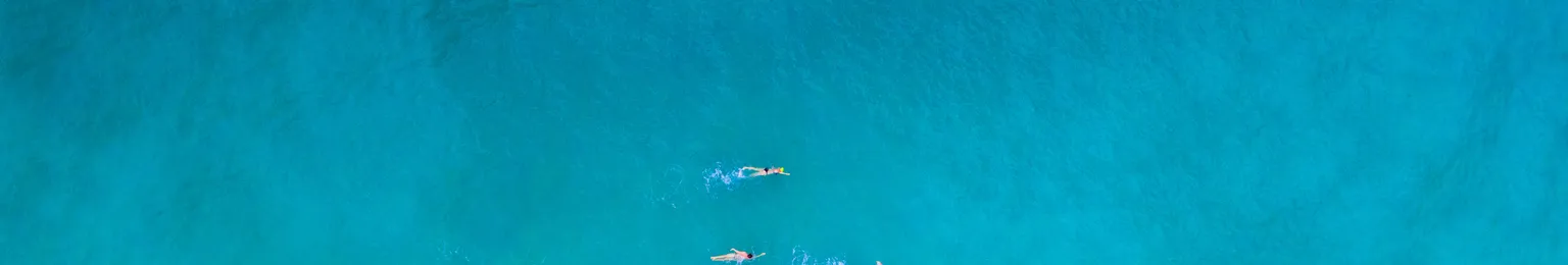 Aerial view of four swimmers in clear turquoise ocean water near a sandy beach with gentle waves.