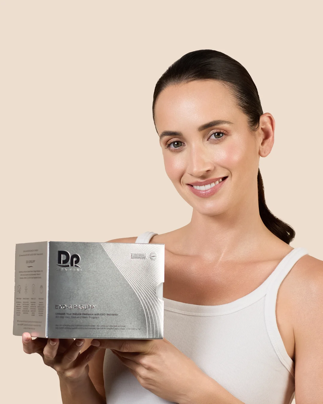 Step 5 of using EXO-SIP&SUPP. Model holding box of 30 servings of EXO-SIP&SUPP.