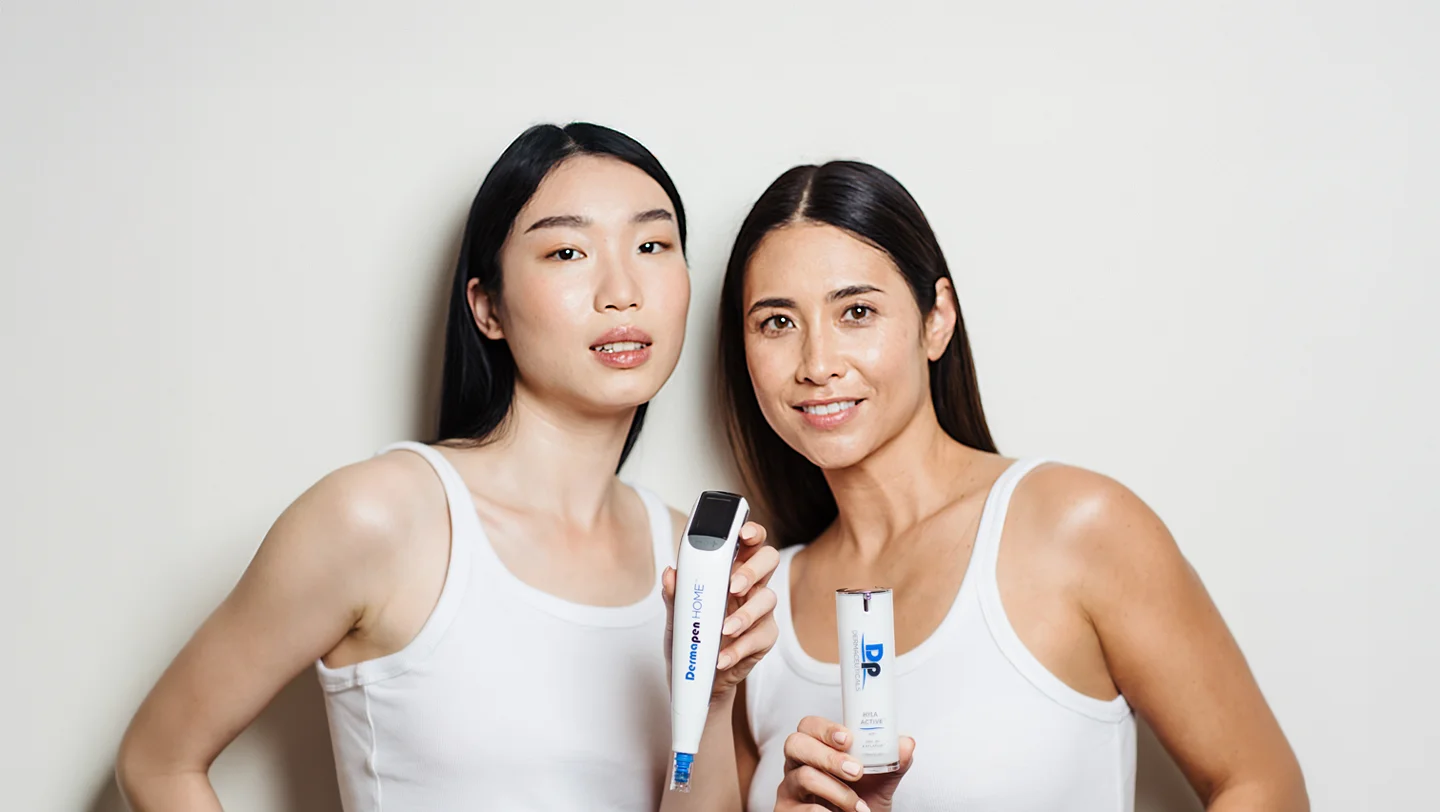 B2C mobile homepage header of Dp Dermaceuticals products and Dermapen HOME