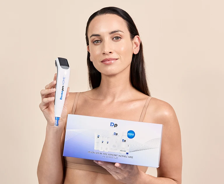 Model holding Dermapen HOME and Dp Dermaceuticals products