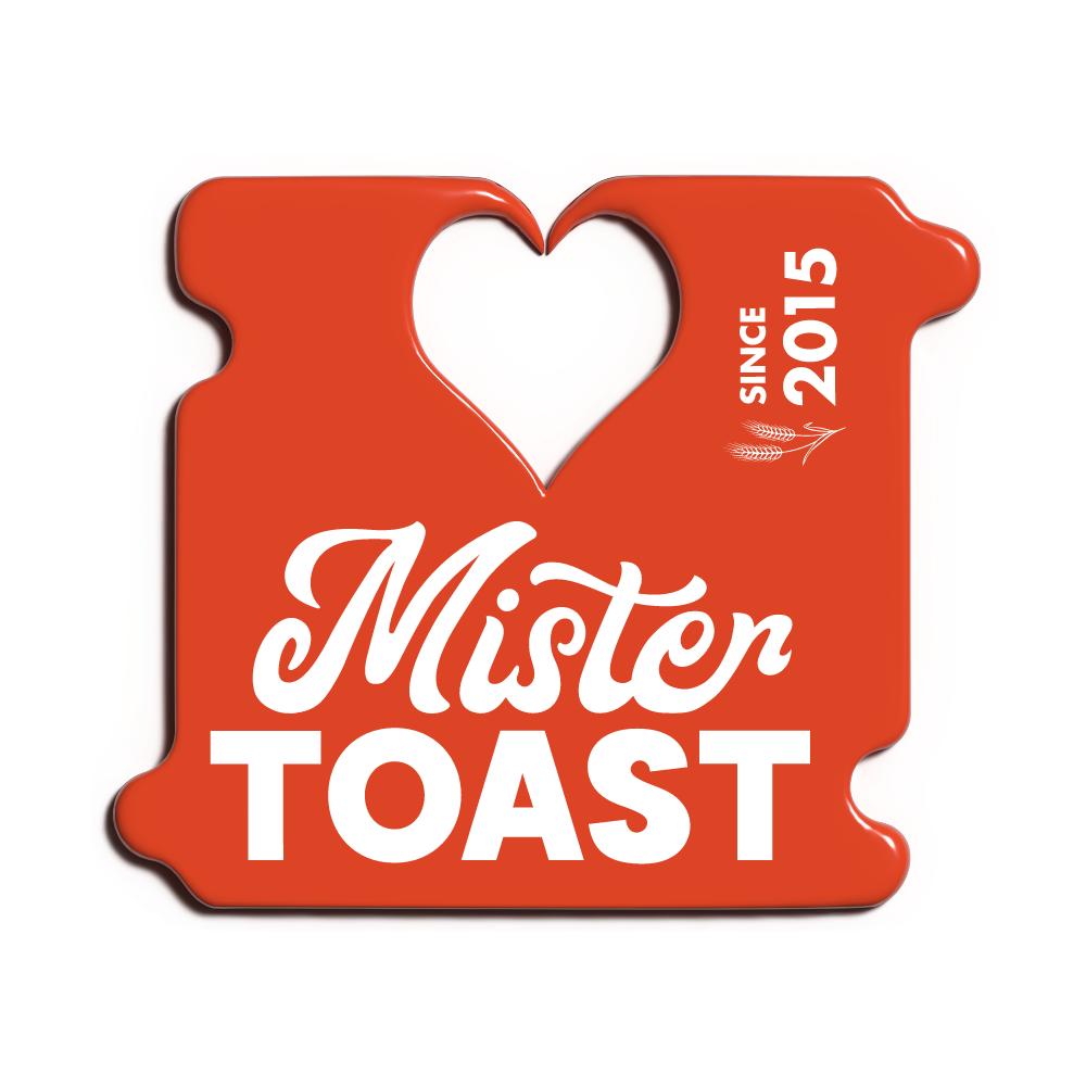 Red Bread Tag with the shape of a heart as the negative space, Mister Toast in white.