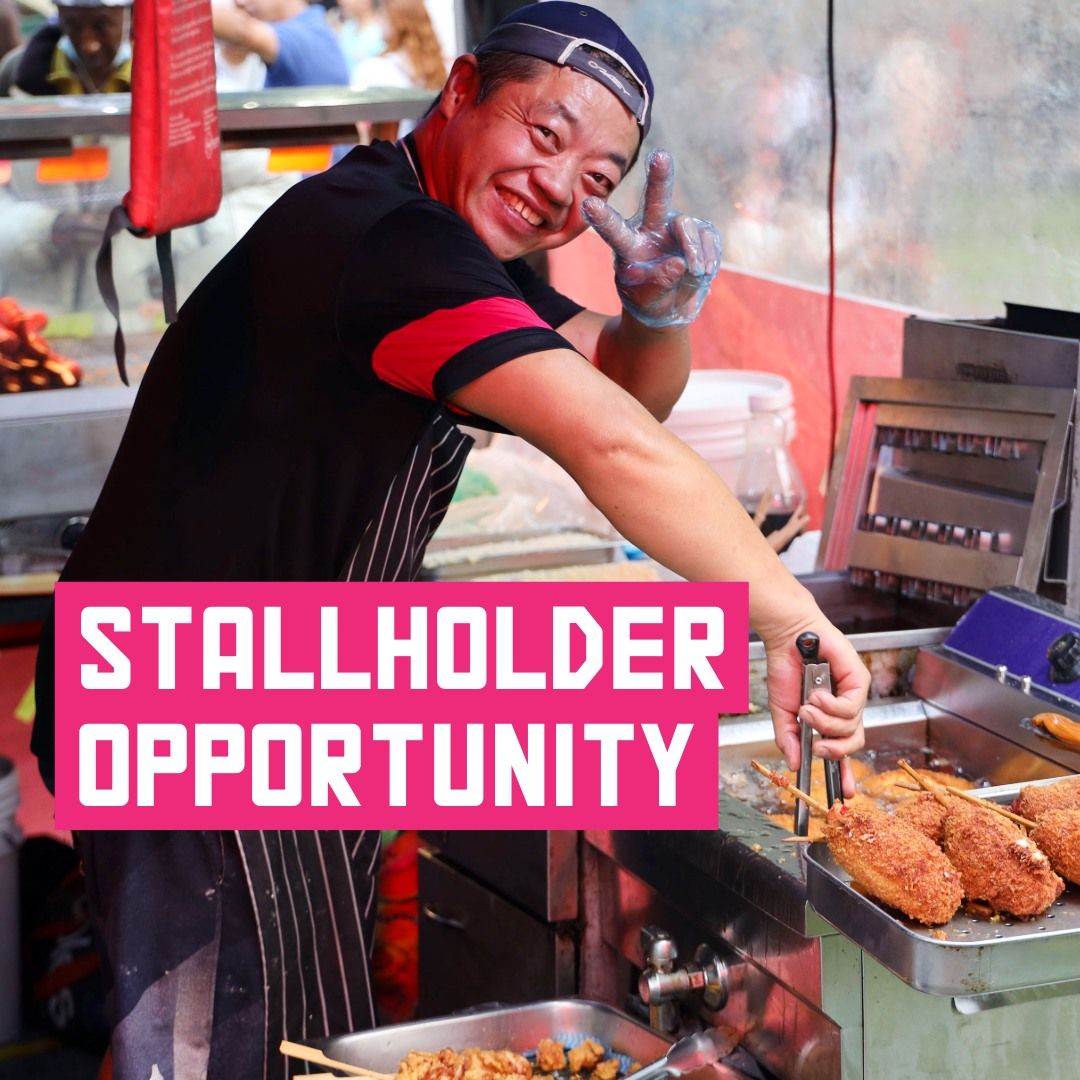 A smiling person in a food stall making fried skewers, gesturing a peace sign, with the text "Stallholder Opportunity" overlaid.