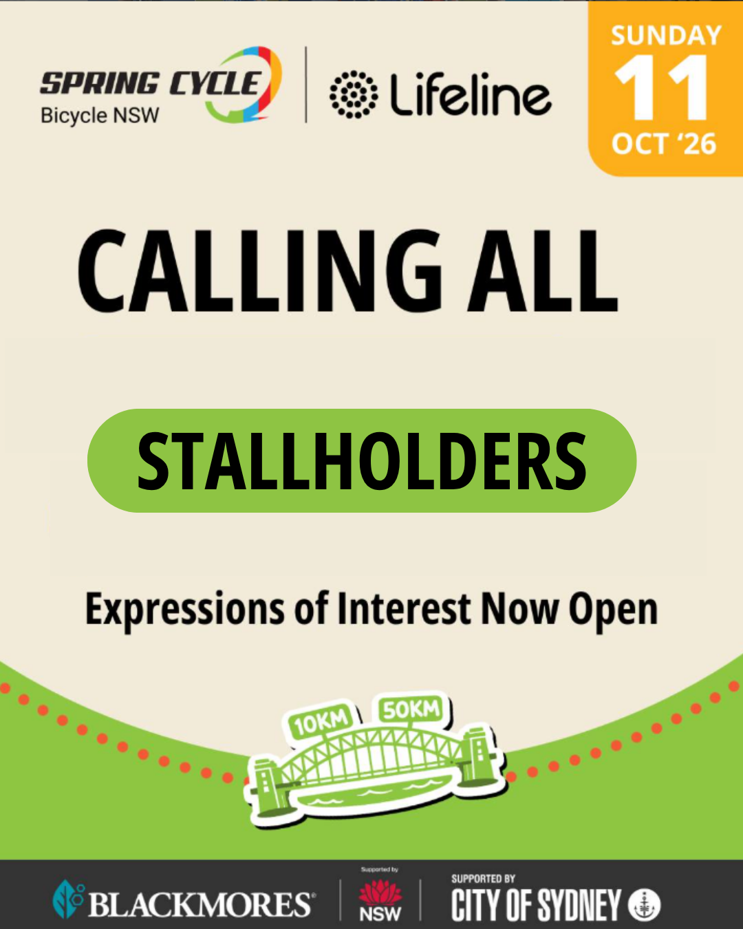 Spring Cycle event on Sunday, October 11, 2026, calling for stallholders. Expressions of interest open. Sponsored by Bicycle NSW, Lifeline, and others.