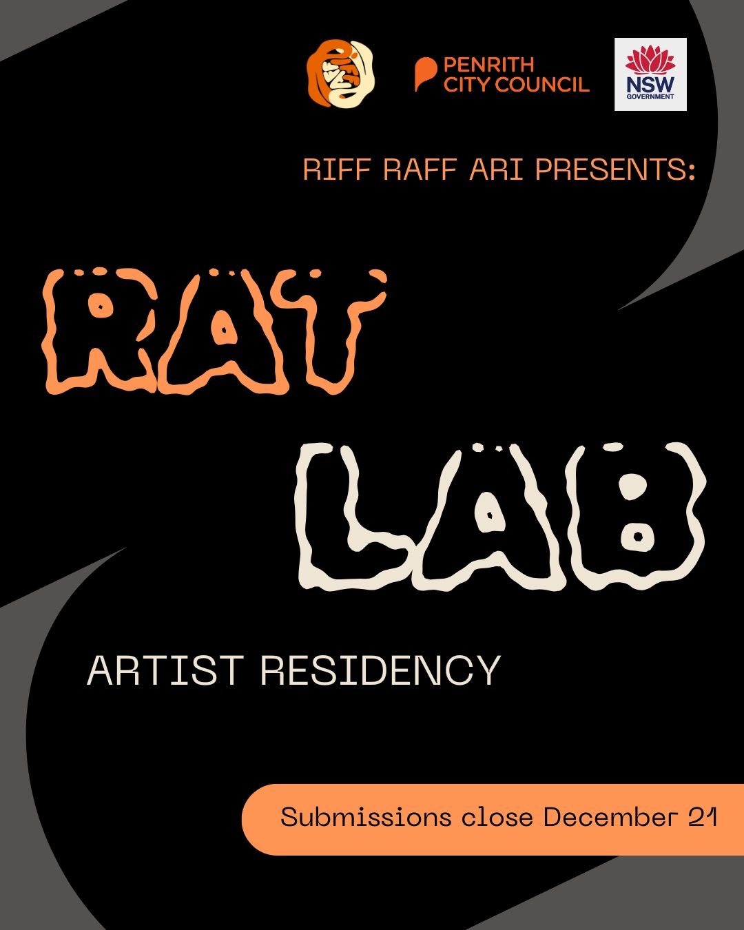 Black poster: orange and cream wavy text 'Riff Raff Lab' and 'Artist Residency', Penrith City Council and NSW logos, 'Submissions close December 21'.