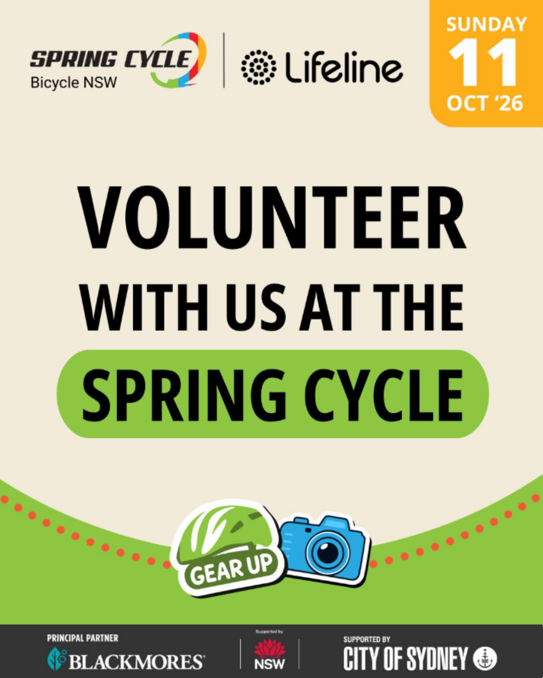 Poster for the Spring Cycle event on October 11, '26, encouraging volunteer participation, featuring logos and colorful graphics.