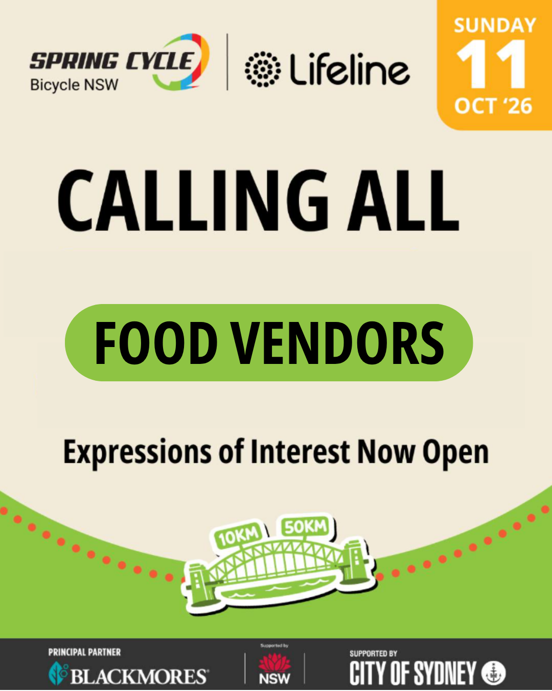 Announcement for food vendors to express interest for the Spring Cycle event on Sunday, October 11, 2026. Includes event logos.