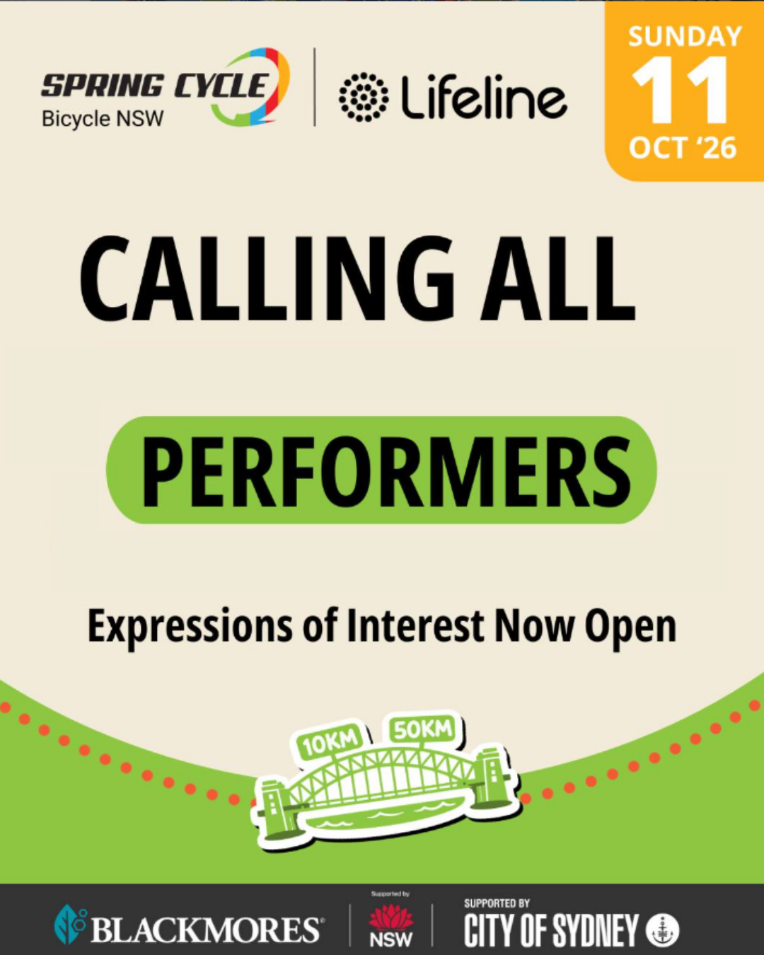 Calling all performers for Spring Cycle with Lifeline on Sunday, October 11, 2026. Expressions of Interest now open. Event by Bicycle NSW, supported by Blackmores, NSW, City of Sydney.