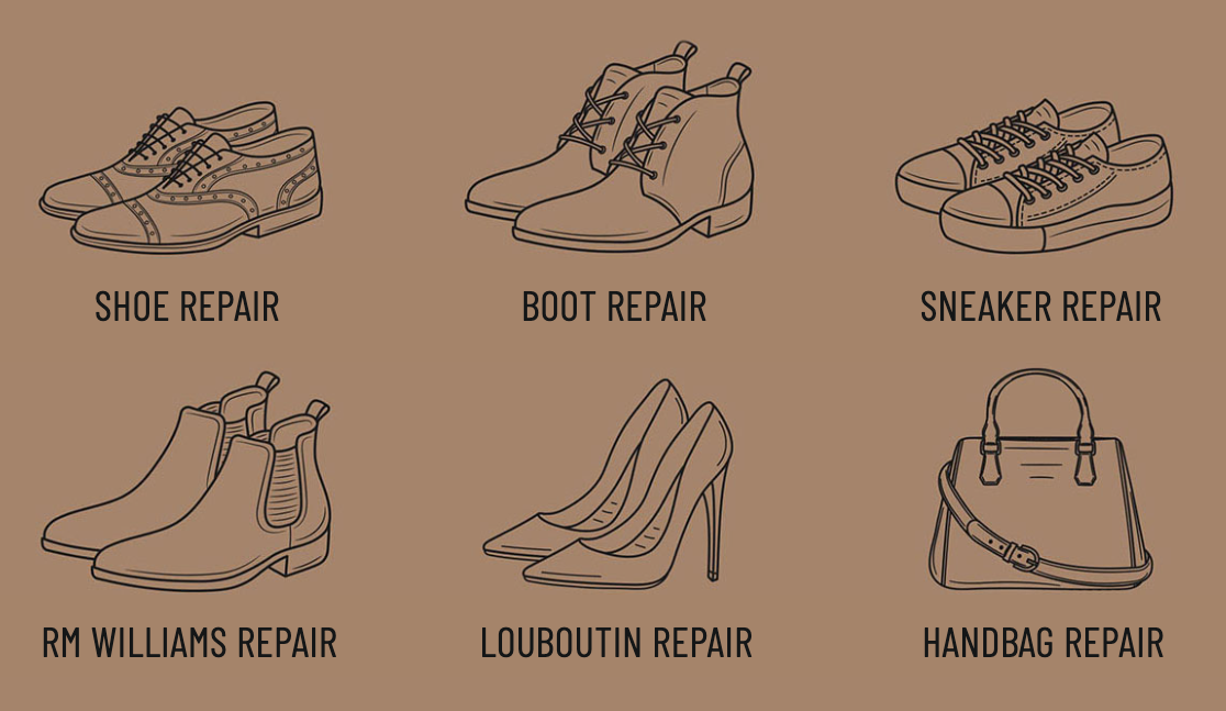 Illustrated shoe and handbag repair options: shoe, boot, sneaker, RM Williams, Louboutin, and handbag repair services on a beige background.
