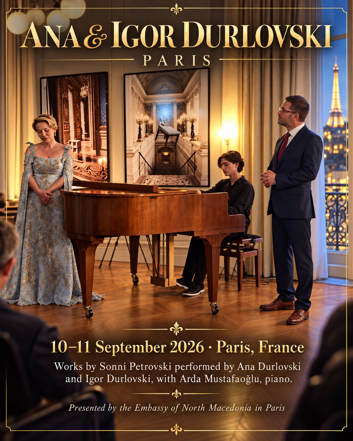 Poster for Ana and Igor Durlovski’s Paris performances with pianist Arda Mustafaoğlu, featuring works by Sonni Petrovski.