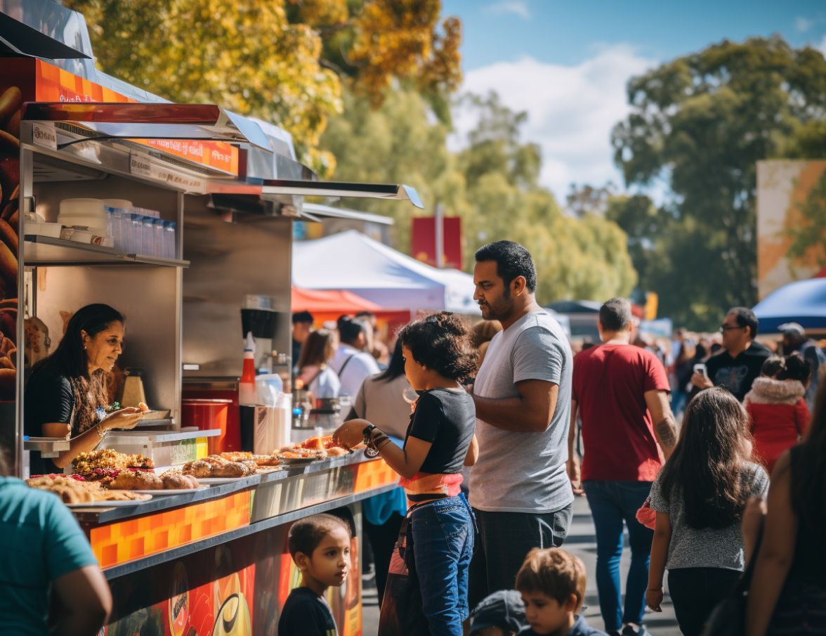 People gather at a bustling outdoor food market, ordering from a vendor at a colorful food stall on a sunny day.