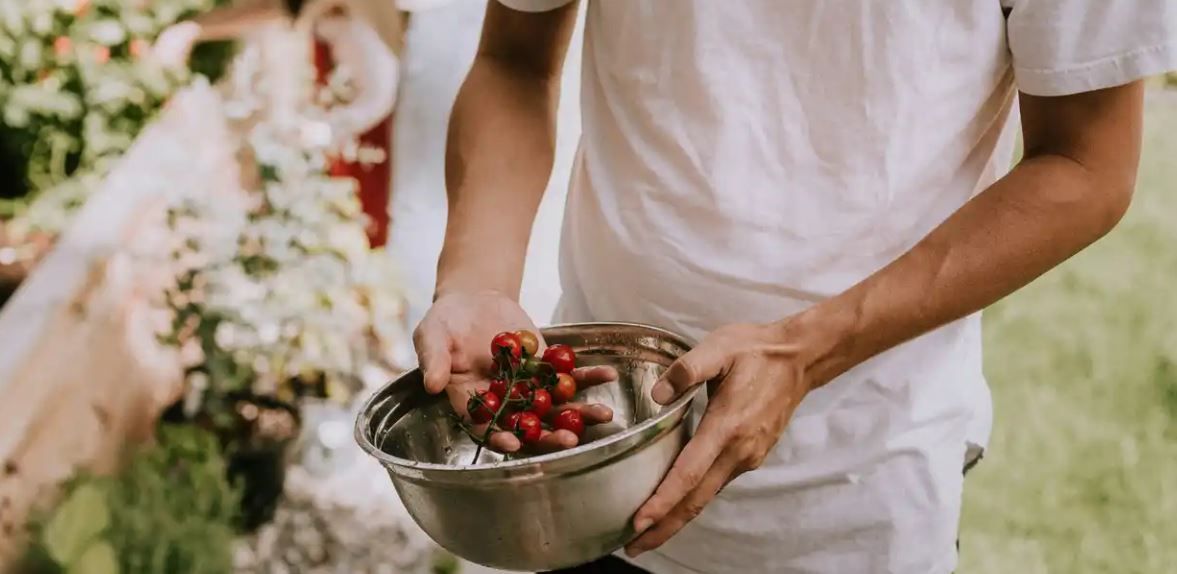 Man washes a bunch of cherry tomatoes in silver bowl
