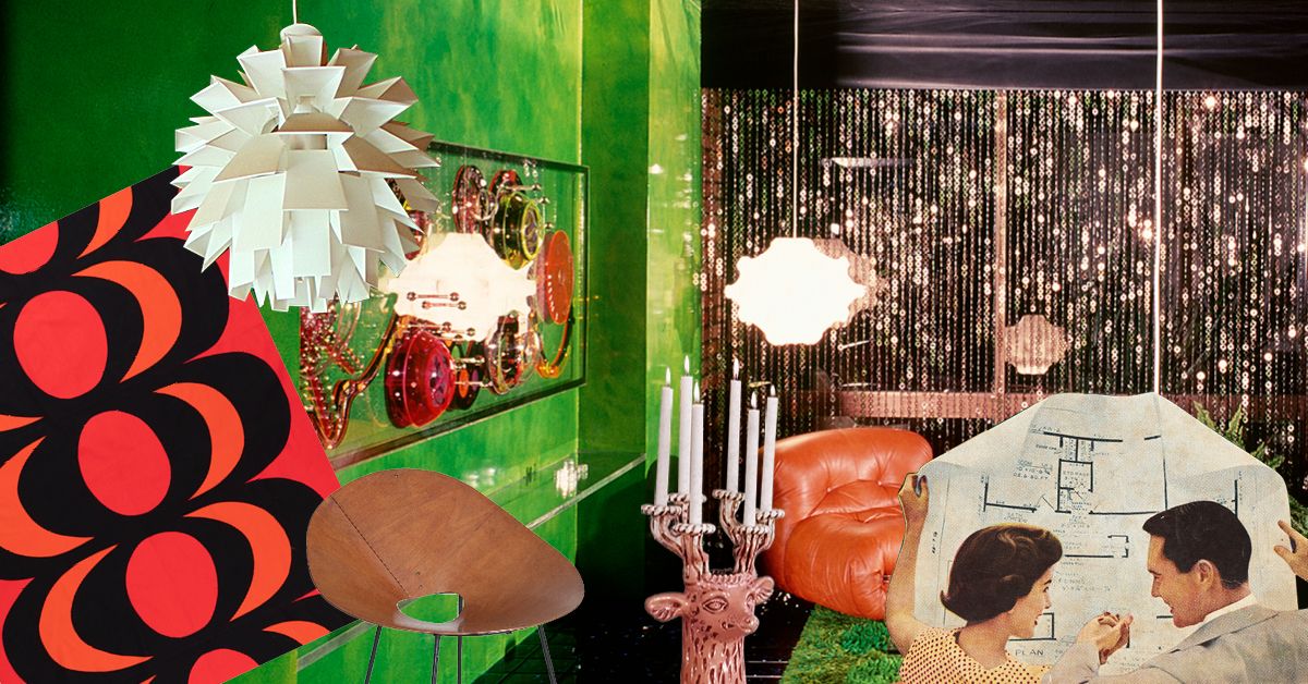 Left to right: Textile length, ‘Kaivo’ design, Marimekko, 1965. Caroline Simpson Library Collection. Gift of Chee Soon & Fitzgerald; Lampshade. Photo © Museums of History NSW; Kone chair, design by Roger McLay, c1940s. Caroline Simpson Library Collection, Museums of History NSW. Gift of Chee Soon & Fitzgerald. Photo © Jamie North; A room for Mr Peter Sculthorpe by designers Marion Hall Best and Deirdre Broughton, 1971. Photo Michael Andrews. © Estate of Marion Hall Best