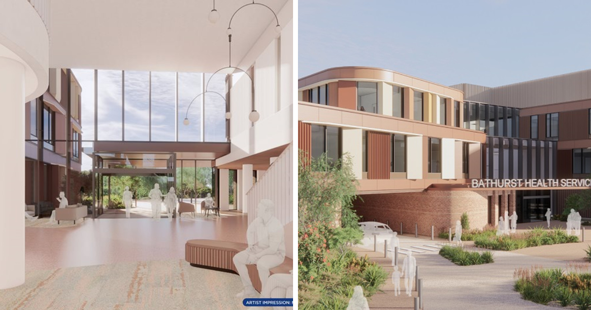 Artist's impression of Bathurst Health Service showing a modern interior atrium and an exterior view with signage and landscaped entrance.