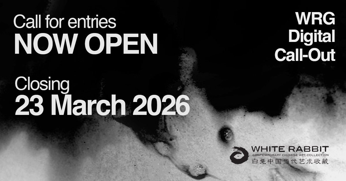 Black and white poster announcing WRG Digital Call-Out. Entries open, closing on 23 March 2026. Includes White Rabbit logo and abstract background.