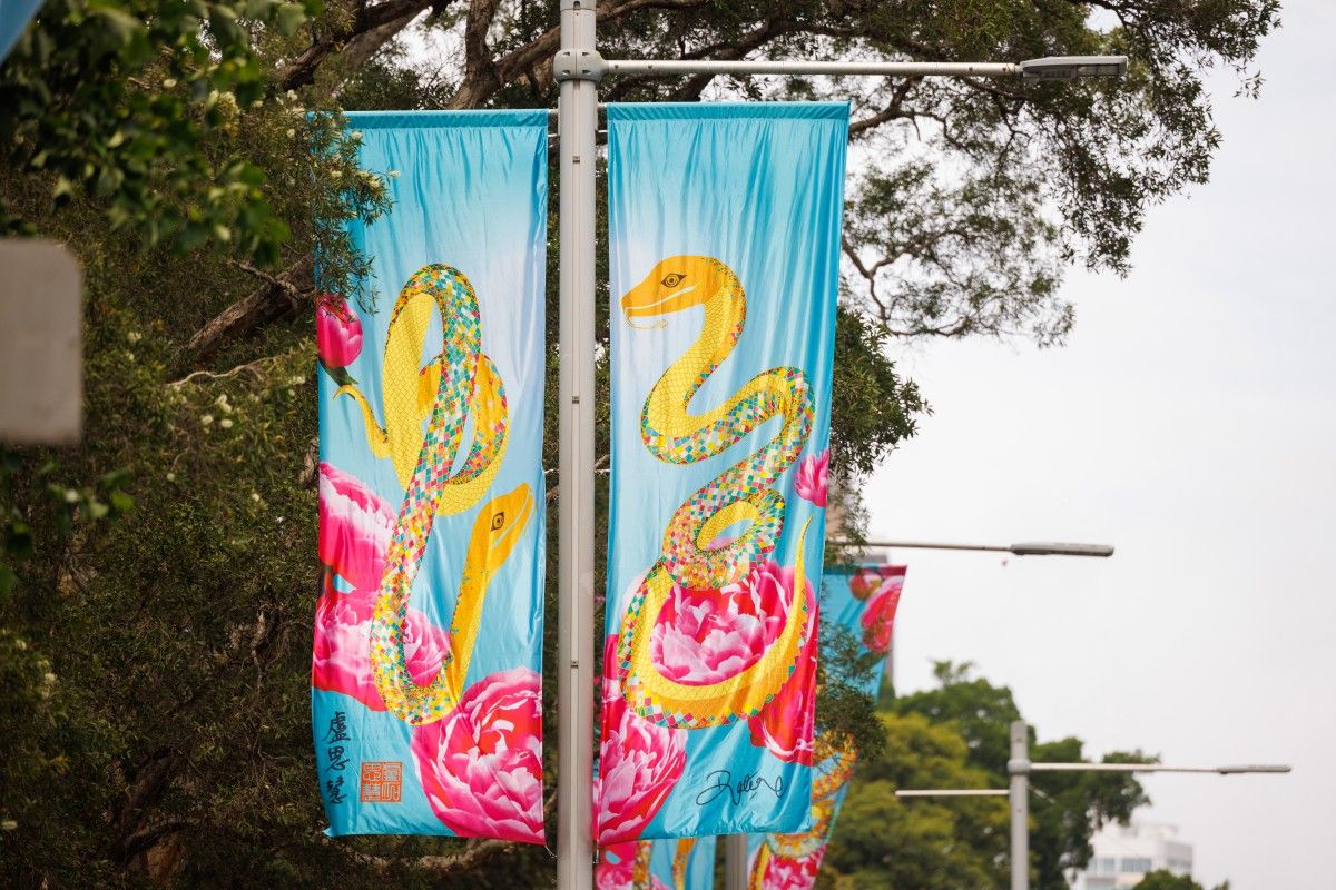 Two striking street banners displayed on an urban road with a design featuring a yellow snake motive.