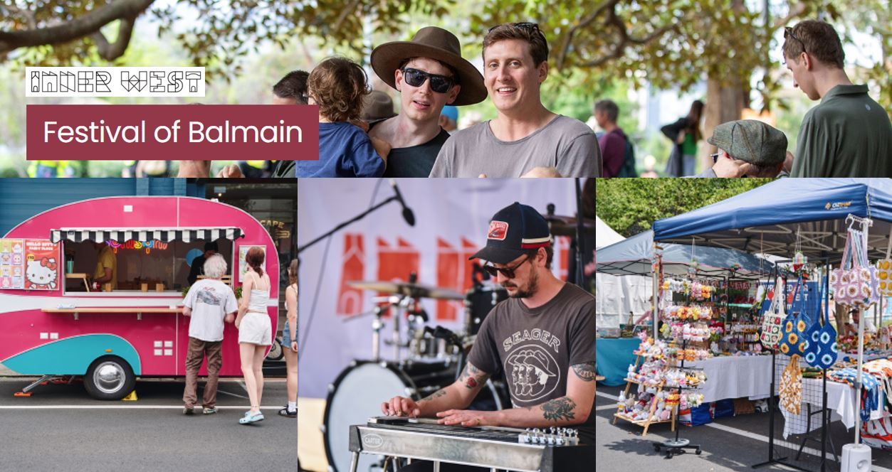Collage of Balmain Festival: food truck, family, musician, and market stall under trees.