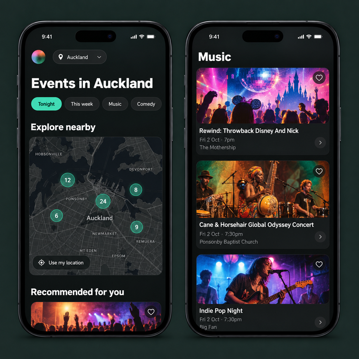 An image of a map with events and event titles and images like music gigs etc