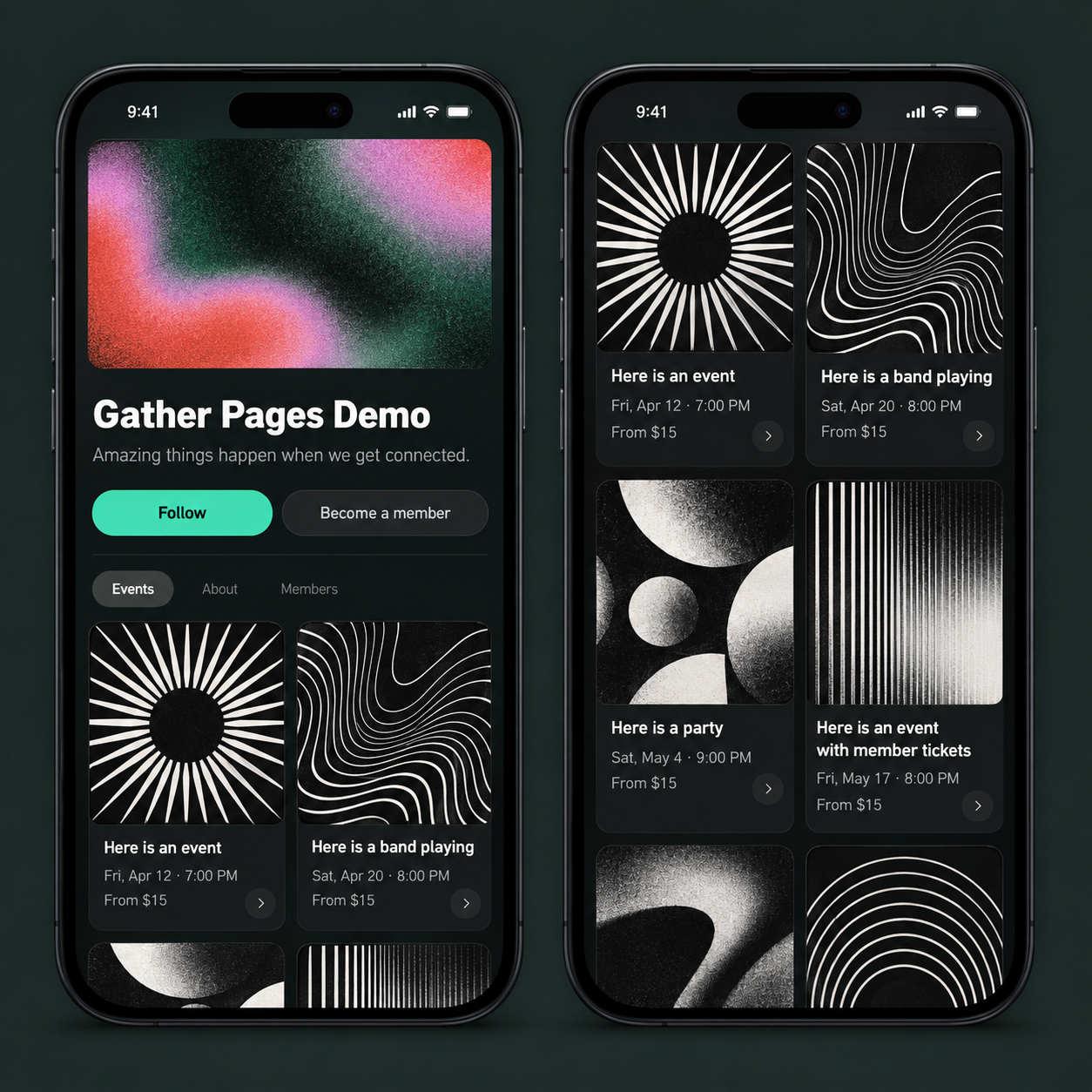 A page with lots of events and a follow button