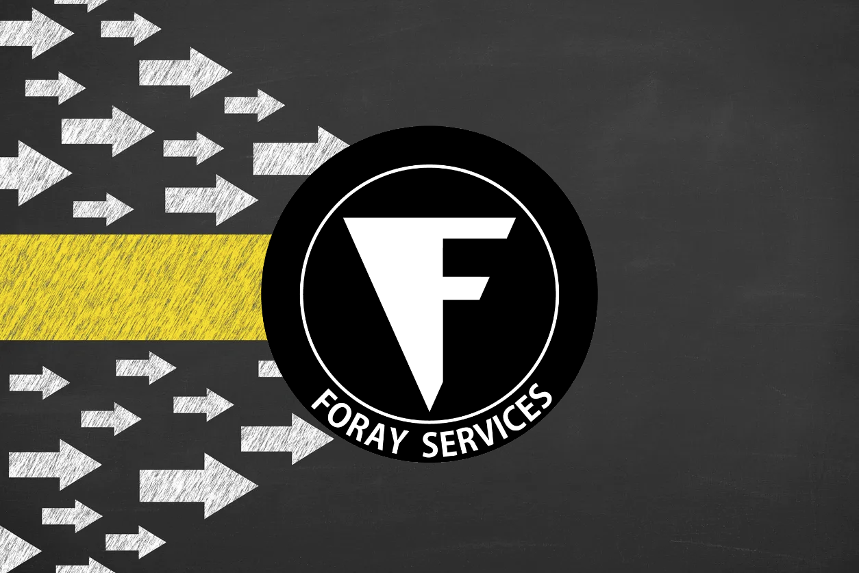 A wedge arrangement of arrows leads to a central logo featuring a large F and the words Foray Services.