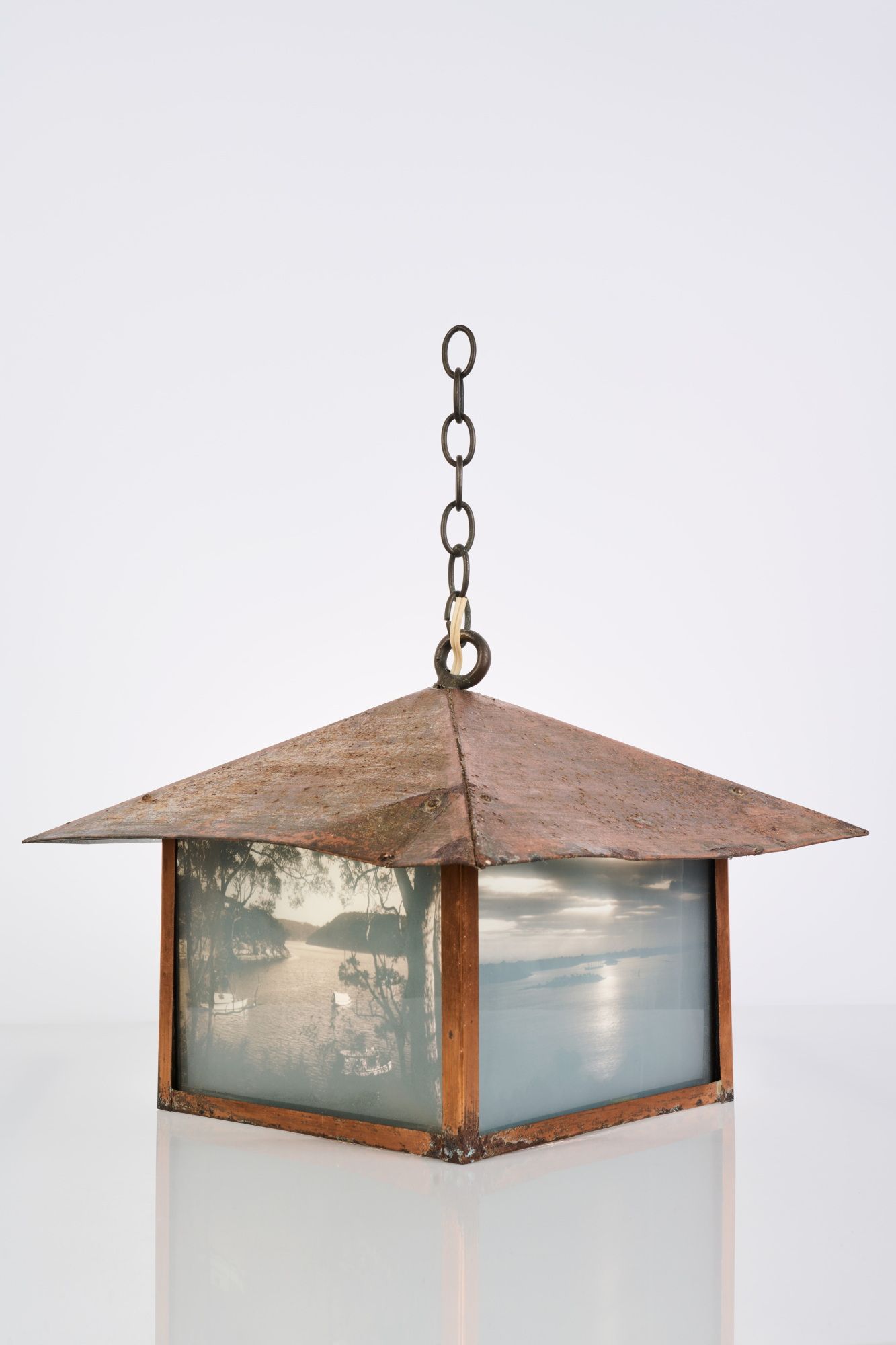 Pendant light shade comprising glass-plate photographs, unknown maker, c1910