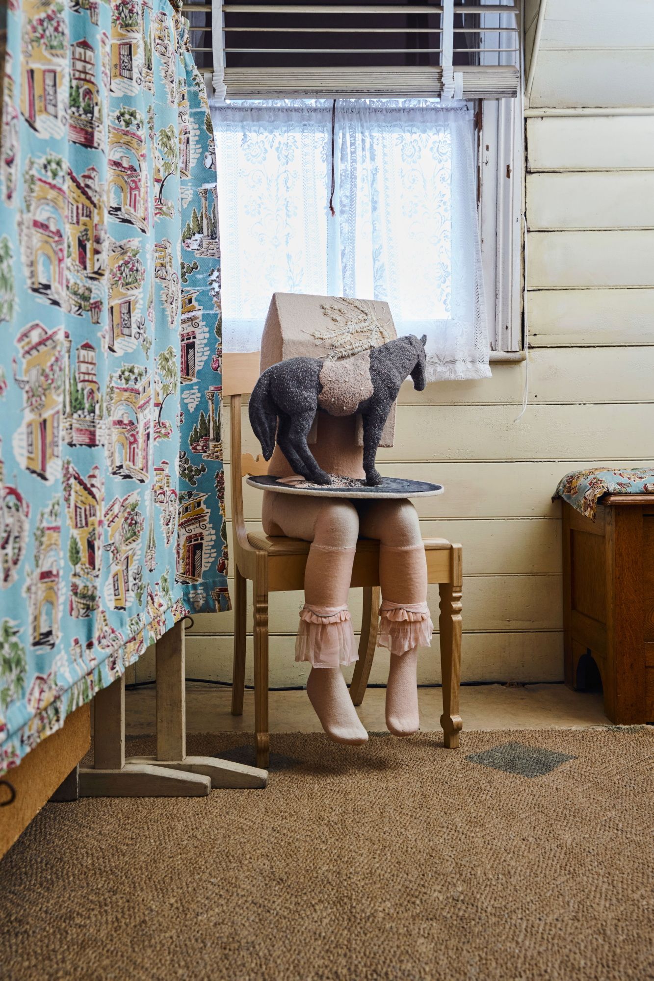 Deep longings settled, Mariana del Castillo, 2024, repurposed wool blanket, found objects, monoprint, clay paint, wood, stitched cotton, water pearls.