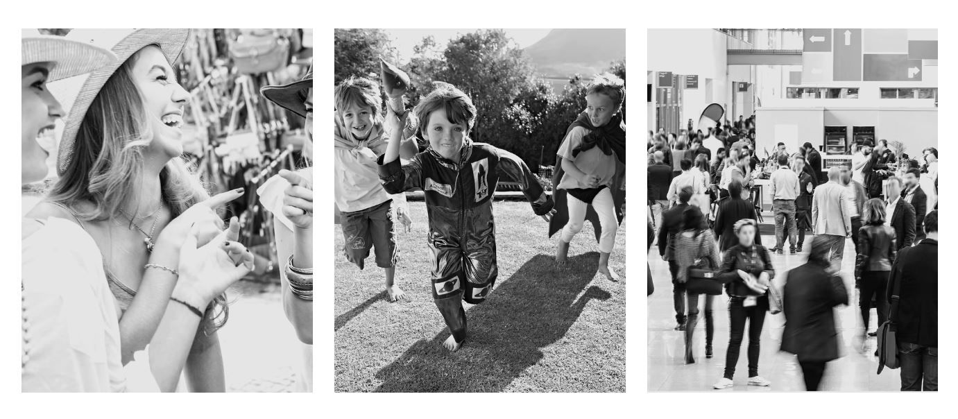 Three black-and-white photos: people laughing, children running outdoors, and a busy indoor crowd.