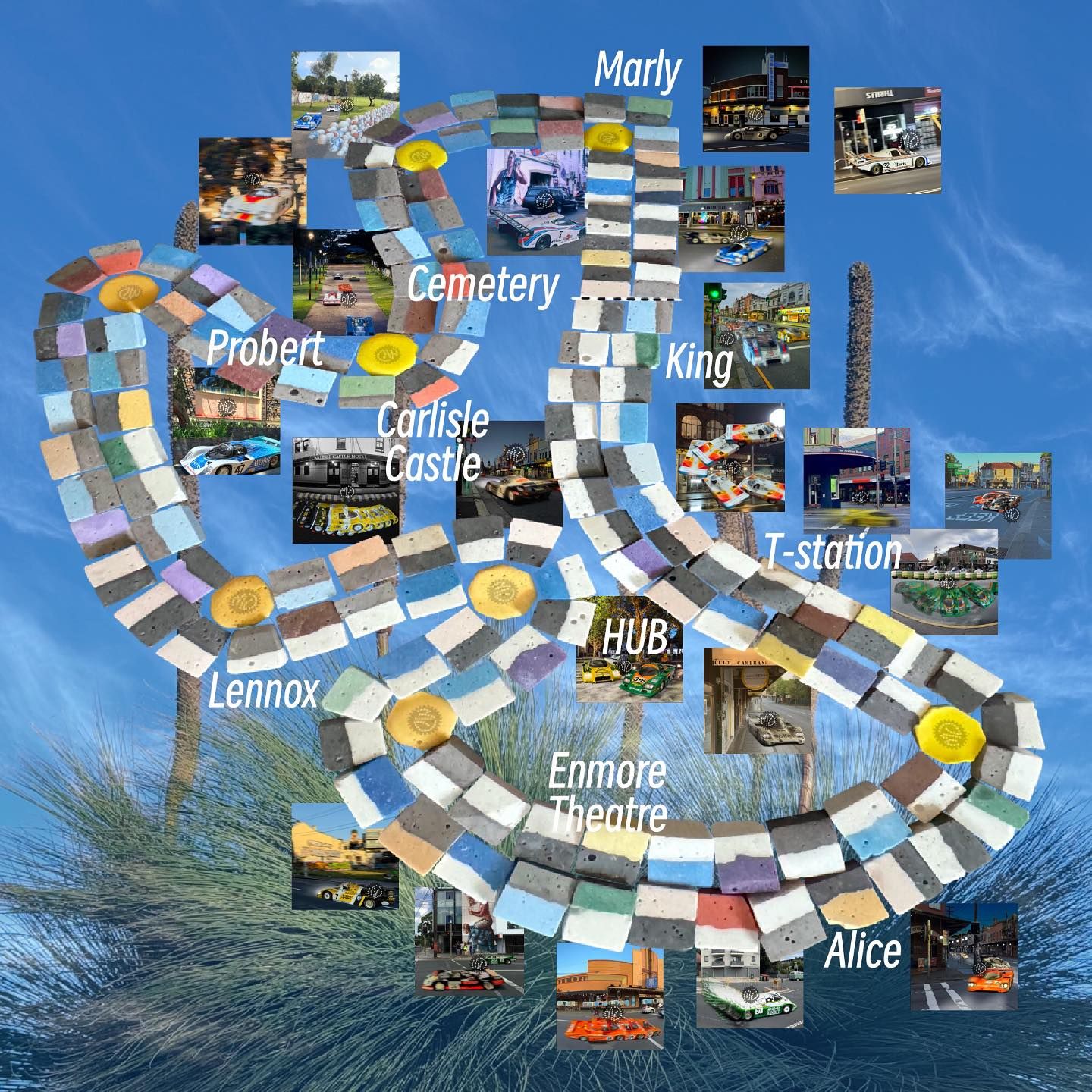 Colourful, winding board game path with square tiles and images, labeled with locations like Marly, Probert, and Enmore Theatre against a blue sky.