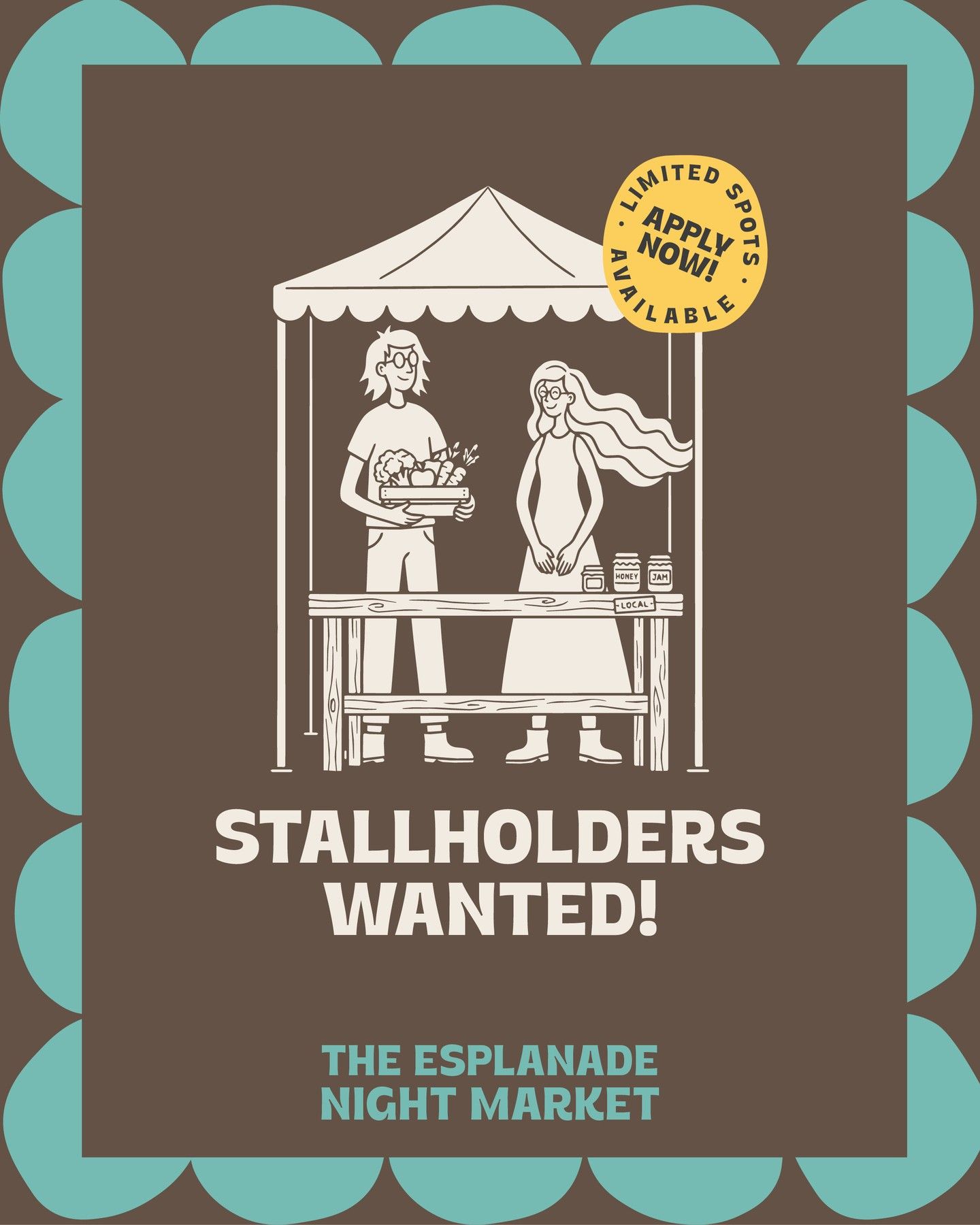 Illustration of two vendors at a market stall with produce and jars. Text reads "Stallholders Wanted! The Esplanade Night Market. Limited spots available."