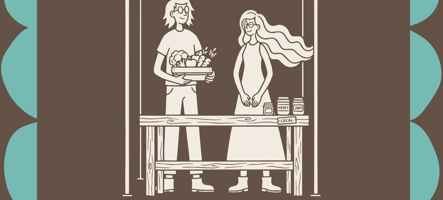 Illustration of two people at a market stall with local produce, honey, and jam displayed on a wooden table.