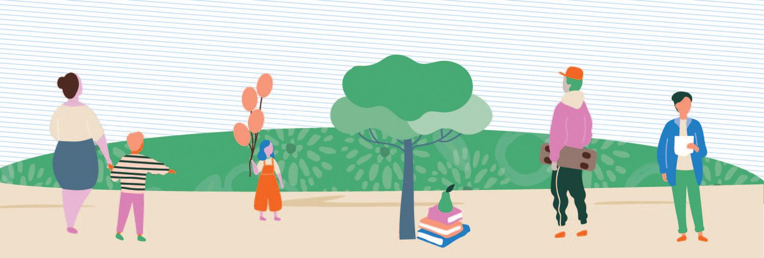Illustration of diverse people in a park: woman with child, girl with balloons, person with skateboard, and a person with a book near a tree and stacked books.