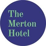 Blue circle with "The Merton Hotel" written in light green text.