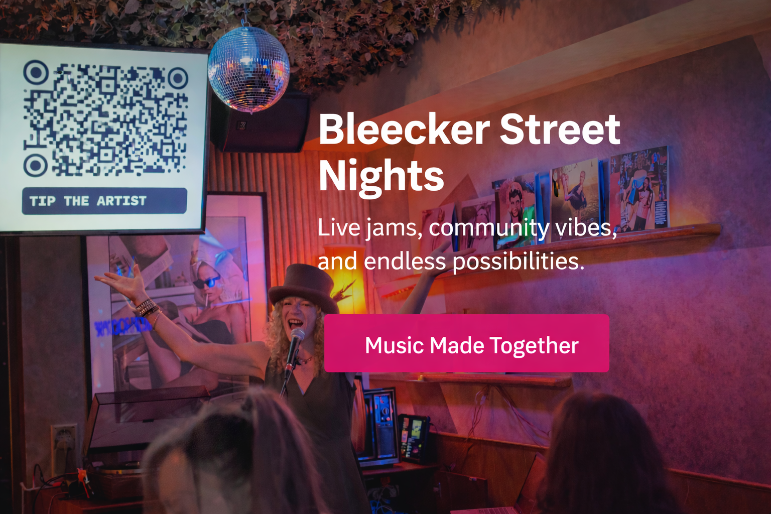 Photo of even opening and saying live jams, community vibes, endless possibilities. Music made together