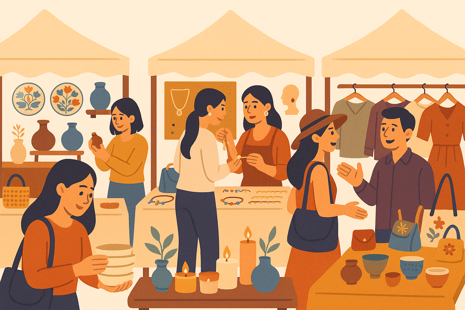 Illustration of a lively outdoor market with people browsing pottery, jewelry, and clothes under tents. Warm, earthy colors create a cozy atmosphere.