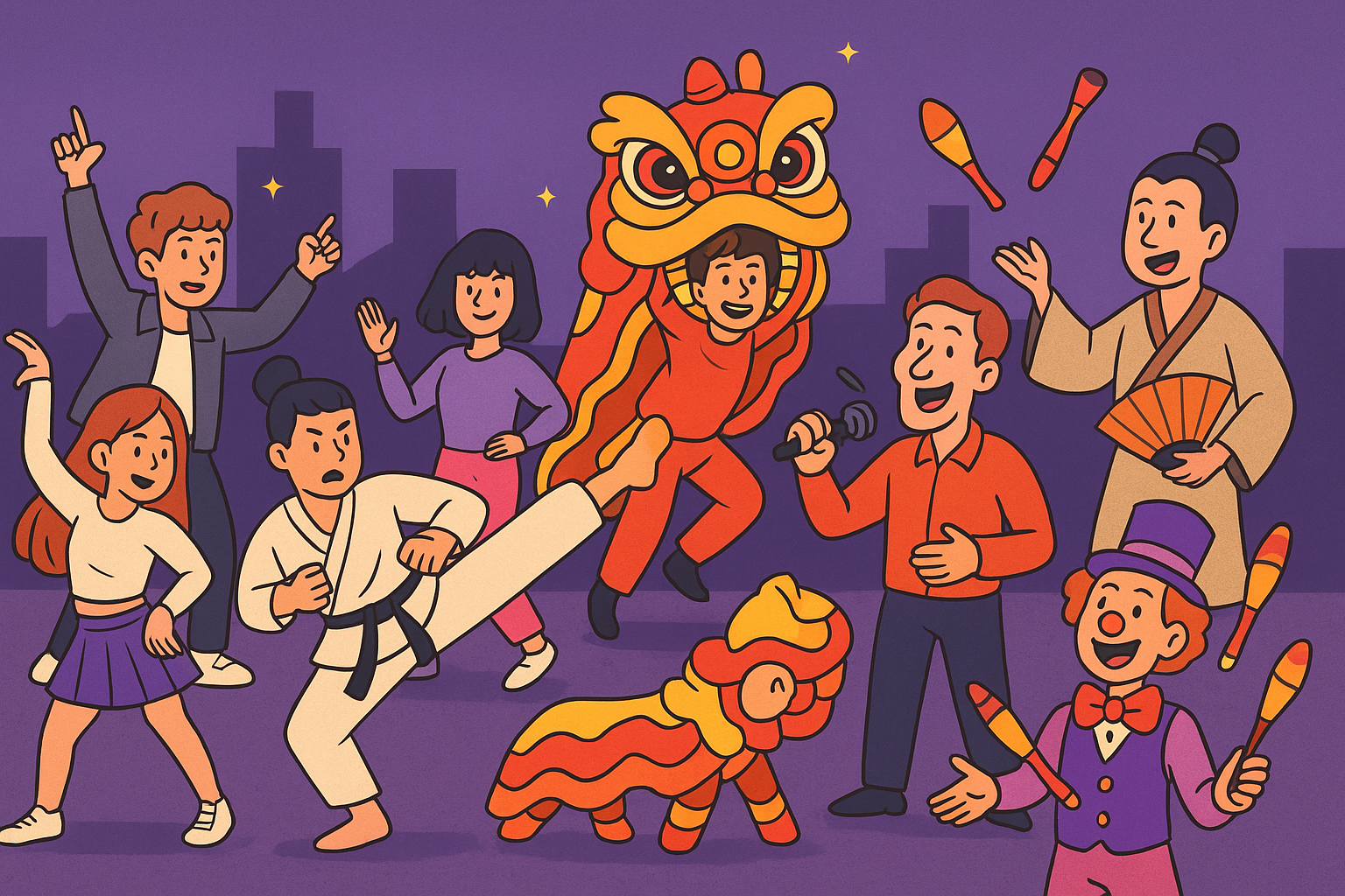 Illustration of diverse people celebrating with dance, martial arts, lion dance, juggling, and singing against a cityscape background.
