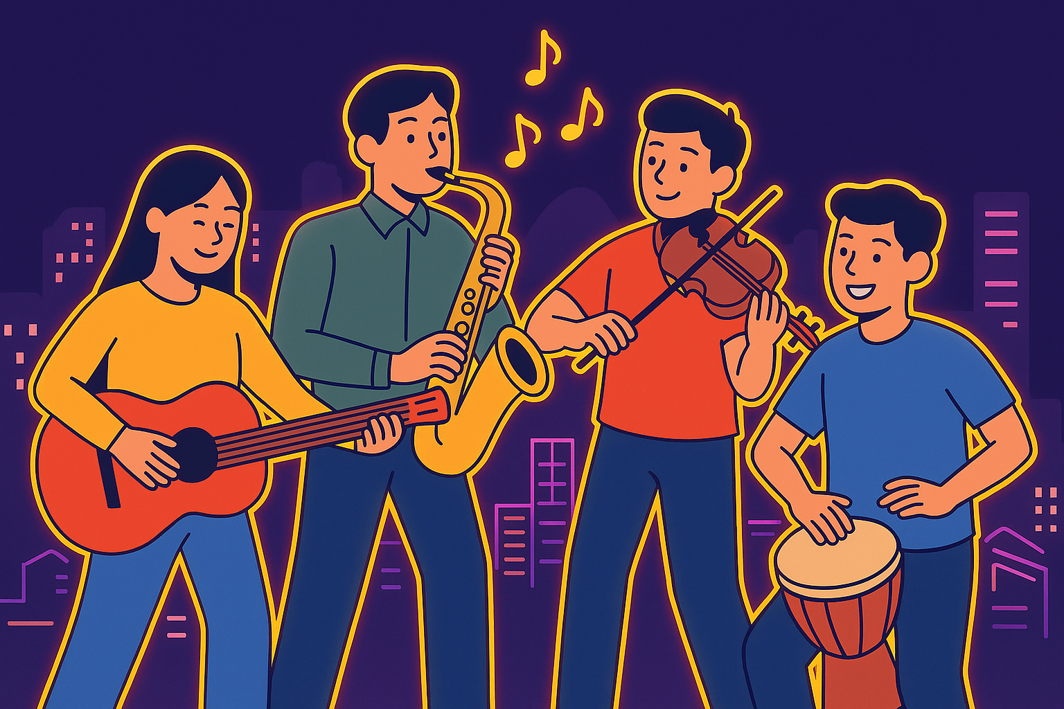 Four animated people play instruments—guitar, saxophone, violin, and drum—against a cityscape backdrop with musical notes.