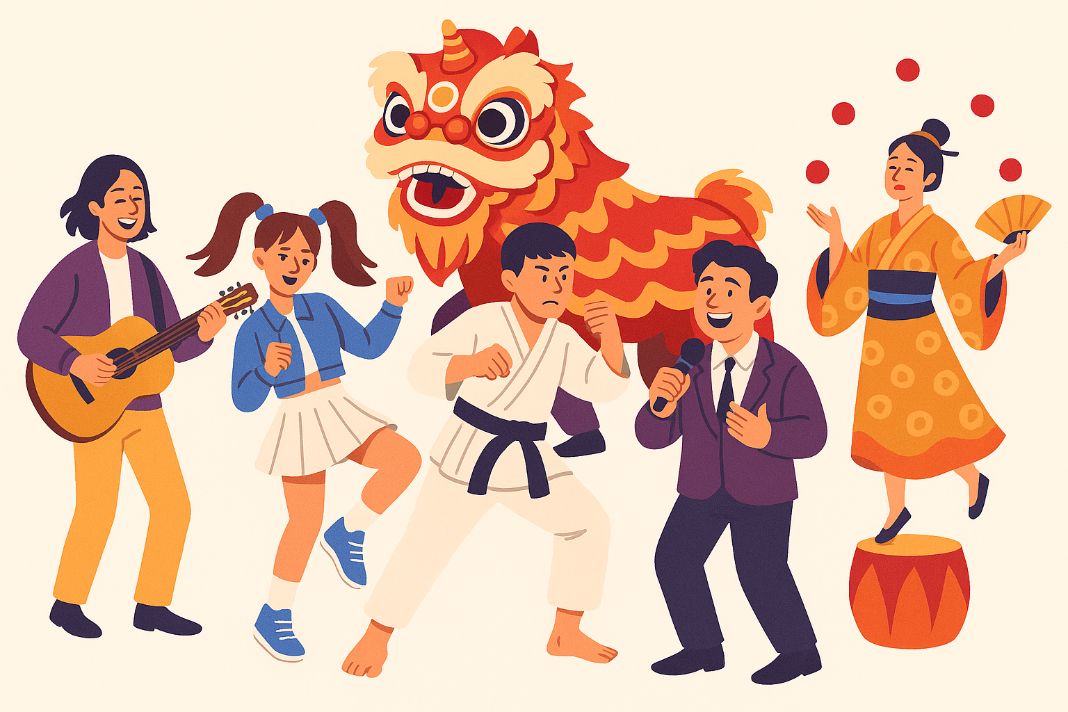 A lively scene with people celebrating; a guitarist, dancers, a martial artist, a lion dance, and a performer juggling with fans.