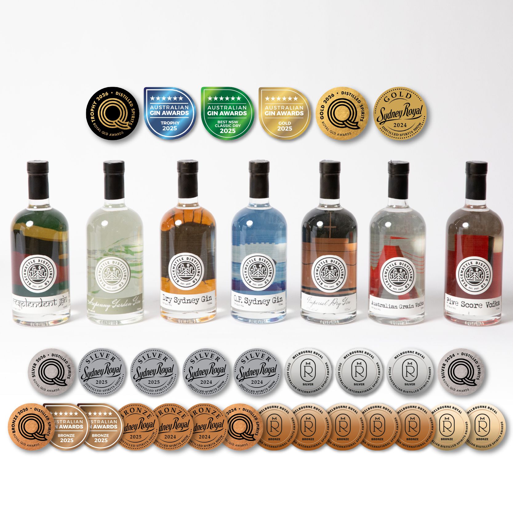 All our spirit bottles with medals awarded.