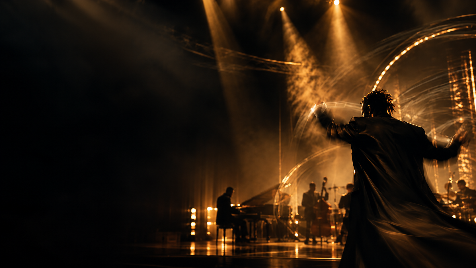 Artist in warm golden light during a dramatic live performance in a dark, atmospheric venue.