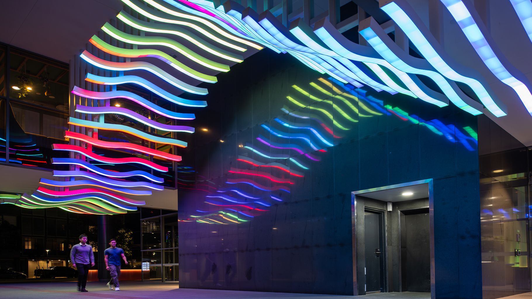 Colourful light installation at building in Pyrmont