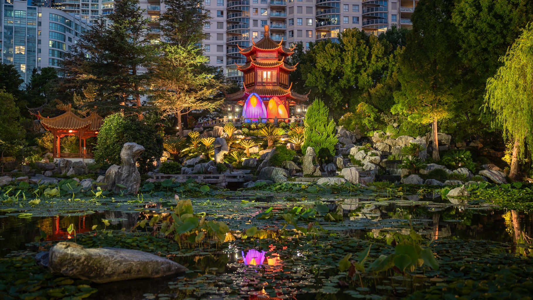 Two inflatable bird like characters in Chinese Garden