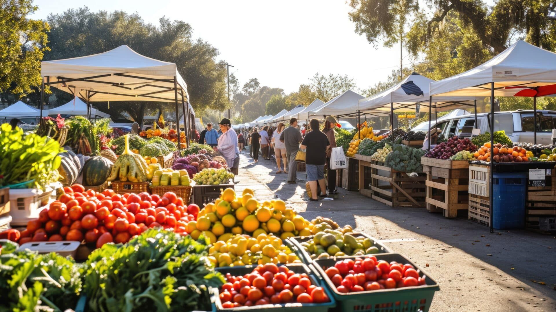 A bustling outdoor market with people browsing vibrant displays of fresh fruits and vegetables under white canopies on a sunny day.