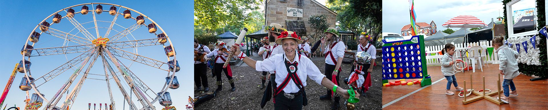 Ferris wheel, people dancing in traditional costumes, and children playing yard games at an outdoor festival.