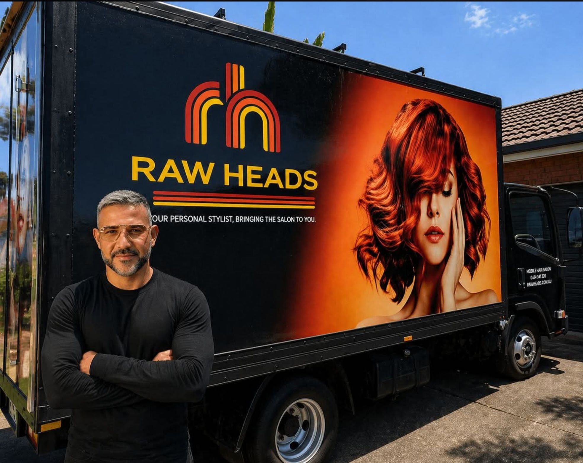 Stylist standing in front of the mobile hair salon