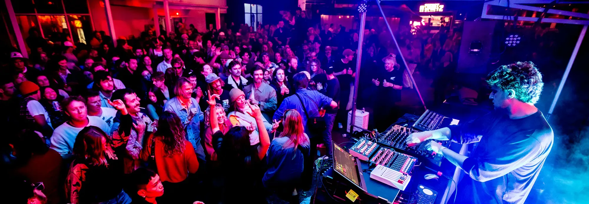 DJ performing on stage with a vibrant, cheering crowd in a dimly lit venue. Blue and red lights enhance the lively atmosphere.