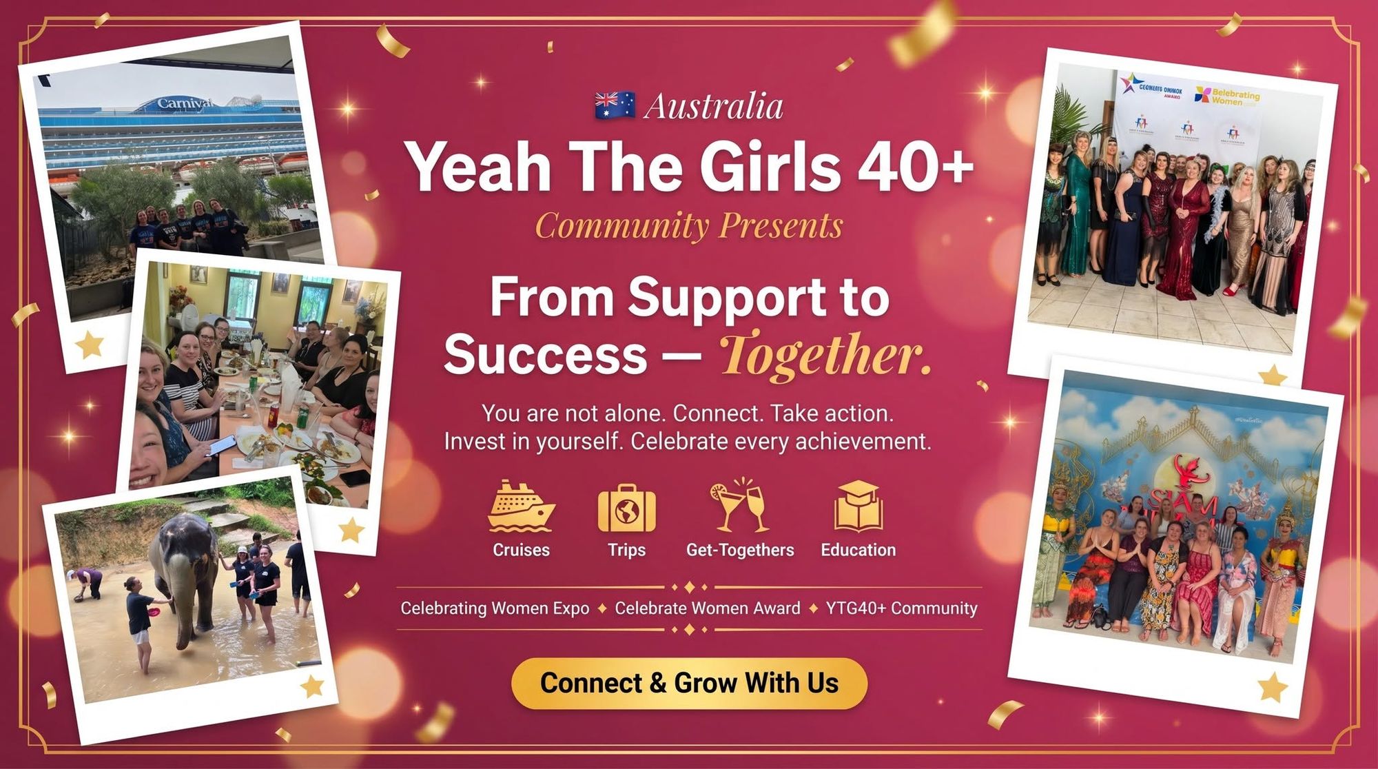 A diverse group of women over 40 smiling, connecting and celebrating together at a Yeah The Girls 40 Plus Community event.