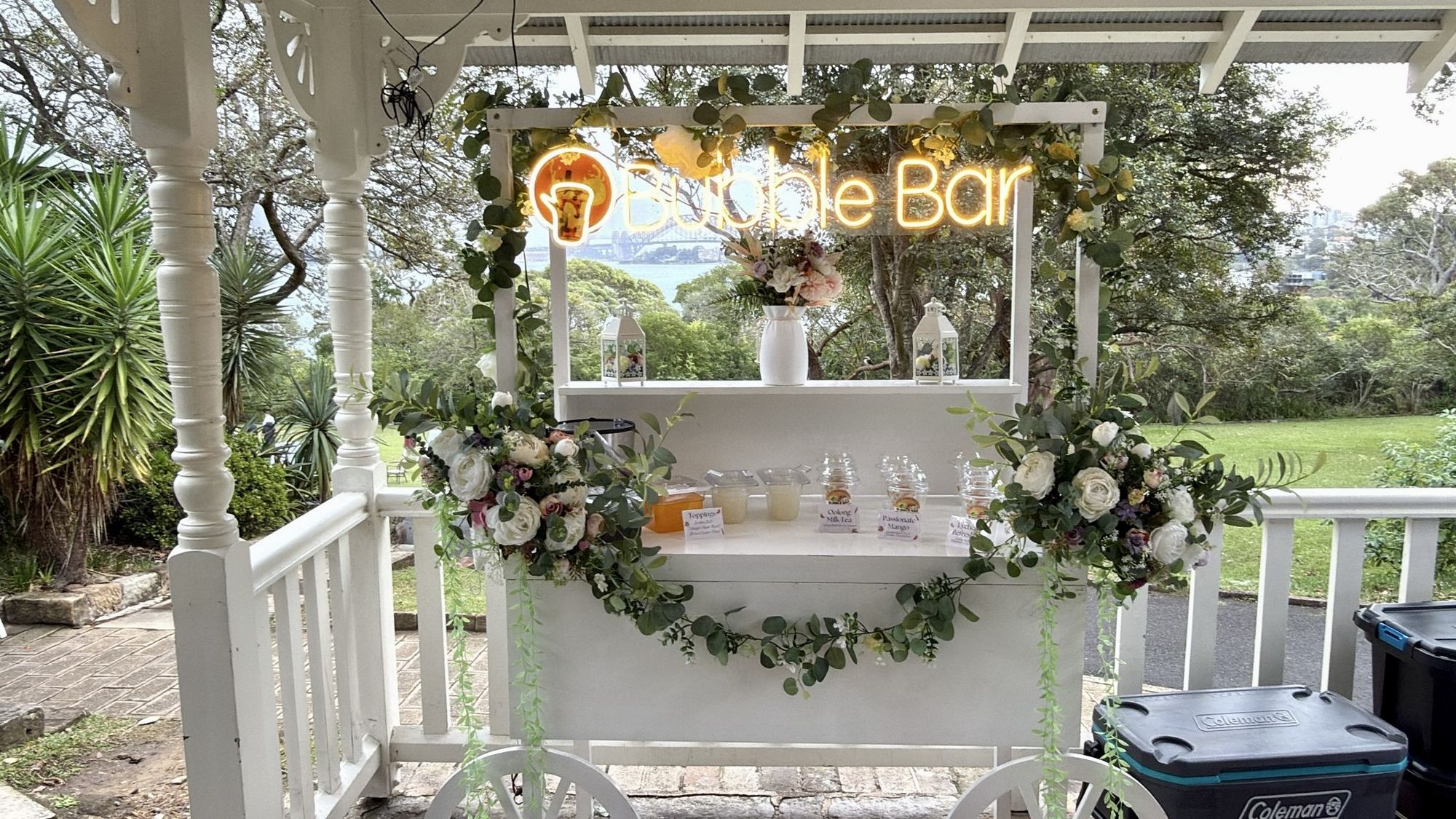 Our cart done up with exceptionally nice flowers for a wedding! With the full table set up professionally and ready for guests to enjoy.