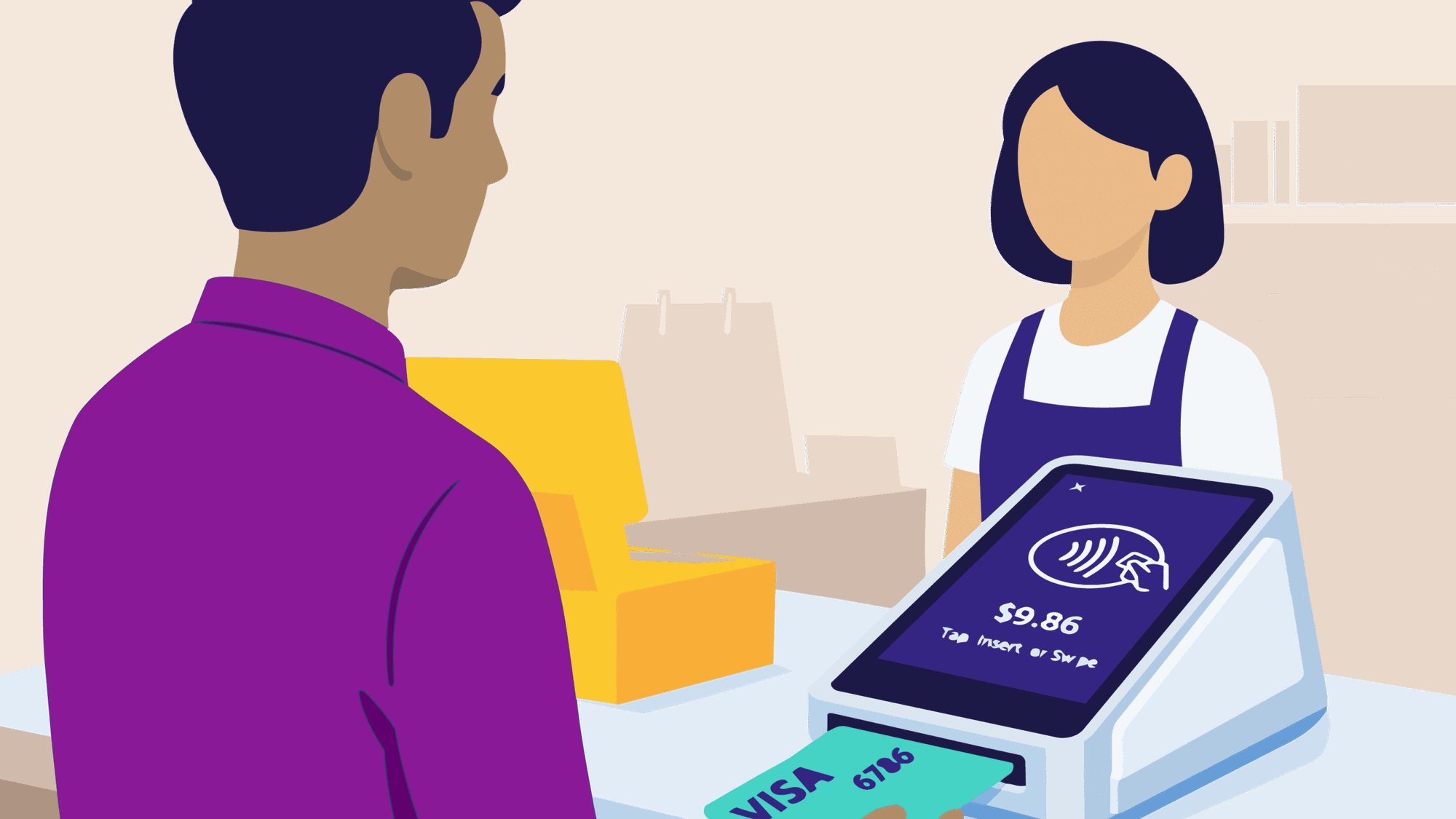 Person in purple shirt pays with a Visa card at a store counter with a touchscreen showing $9.86. Clerk in apron stands behind the counter.