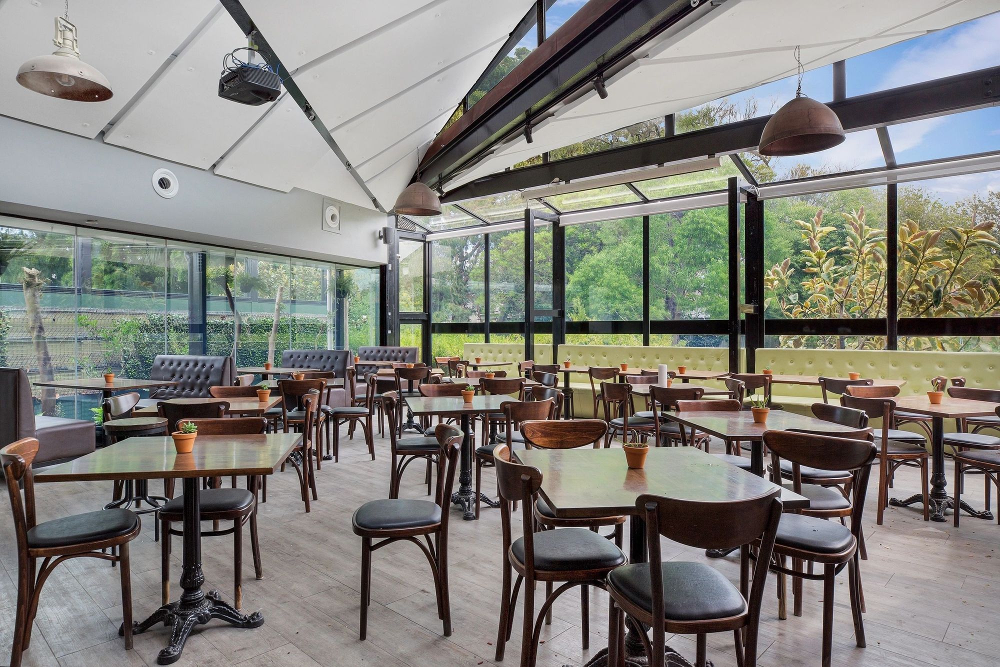 Bright cafe interior with wooden tables and chairs, large windows showcasing green trees outside. Ceiling with pendant lights and natural light streaming in.